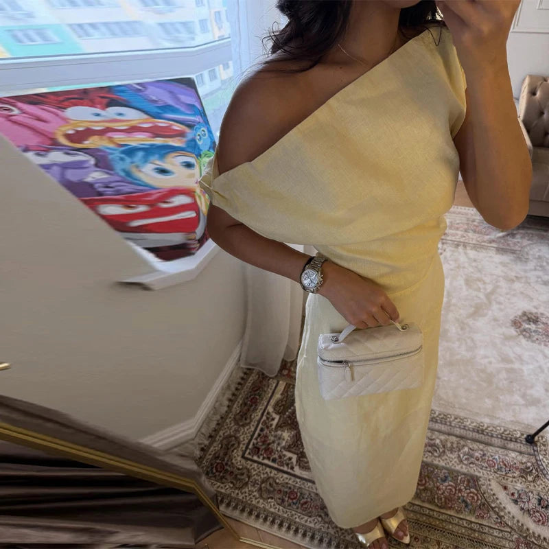 Elegant One Shoulder Side Split Ankle Length Dress for Women