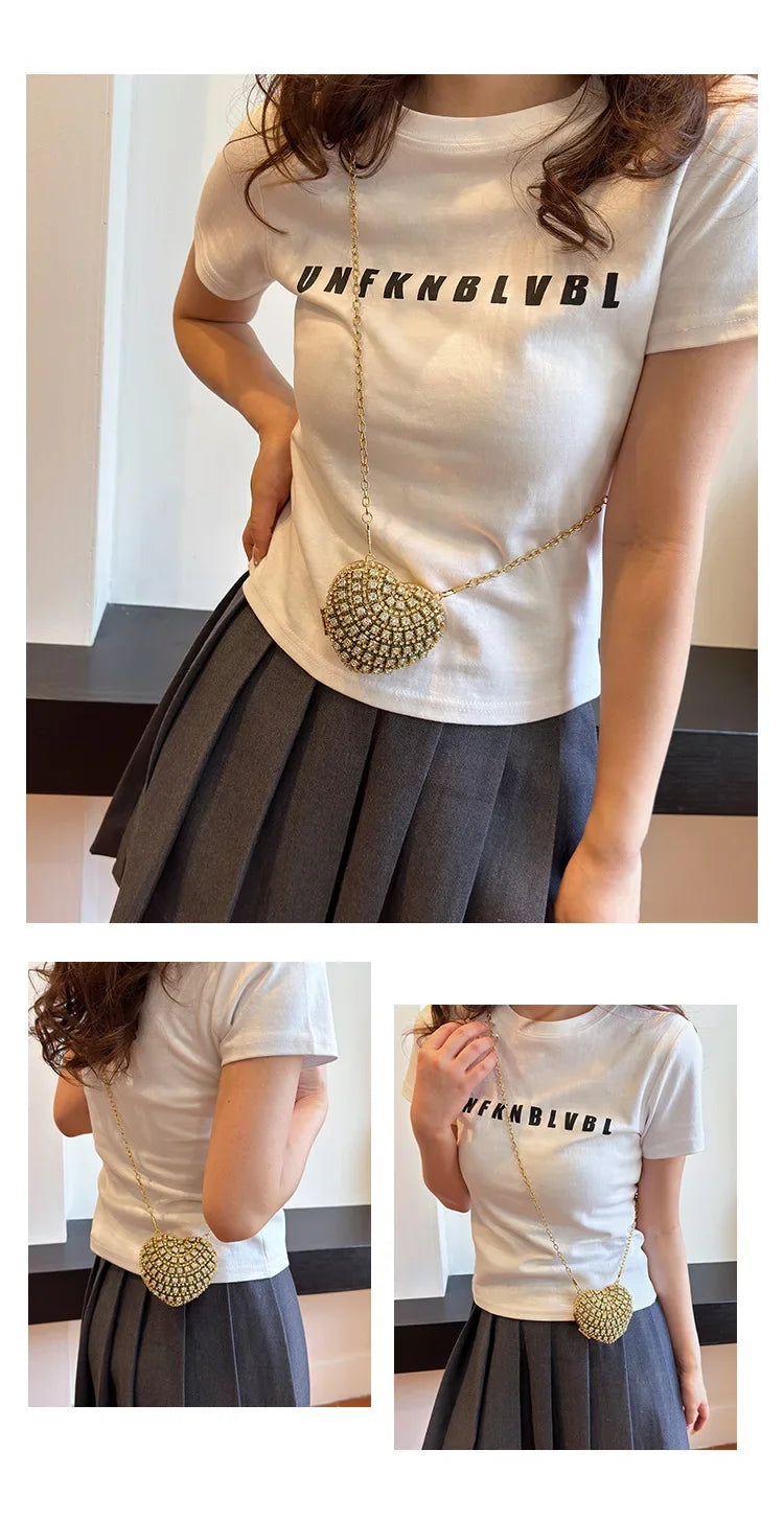 Luxury Mini Diamond Inlay Heart Shape Crystal Clutch Purse Stones Evening Wedding Party Shoulder Bag Handle Rhinestone Handbags