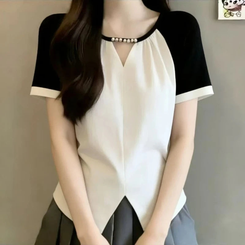 Contrast Patchwork Short Sleeve Casual Blouse For Women
