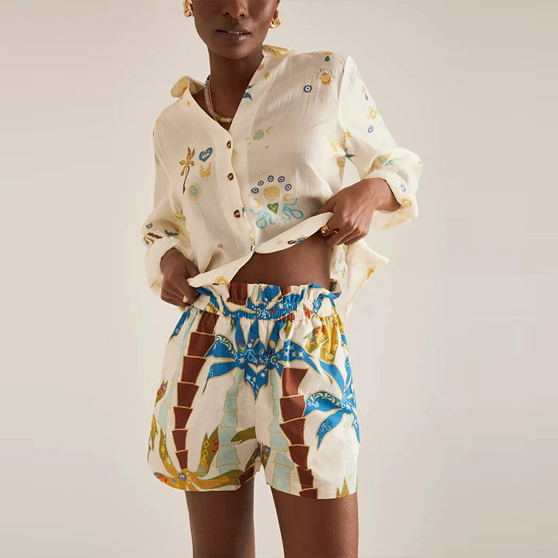 2025 Vacation Loose Outfit Spring Summer Pattern Printed Long Sleeved Two Piece Set Women Lapel Button Up Shirt and Shorts Suit