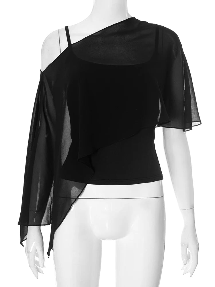 Weird Puss Summer Trend 2 Piece Crop Tops Women Sexy Short Sleeve Camisole+Mesh One-Shoulder Tops Clubwear 2025 Summer Club Tees
