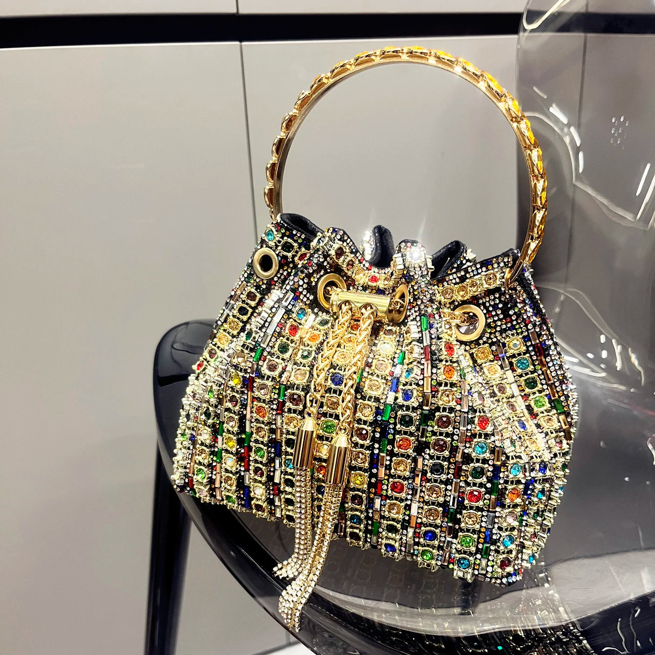Luxury Designer Evening Bags for Women Bucket Clutch Shoulder Bag with Crystal Rhinestone for Banquets