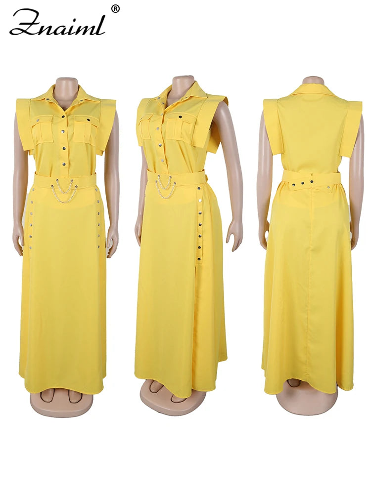 Znaiml Summer Birthday Party Evening 2 Piece Dress Set Women Sleeveless Shirt and Cargo Split Long Skirts Suit Vacation Outfits