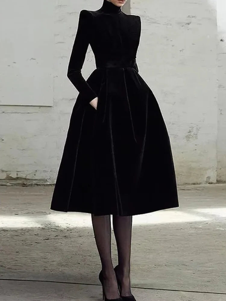 Beautyblue Womens Evening Dresses High Neck Midi Dress New Black Long Sleeves Elegant Party Dress for Female Casual Gathering