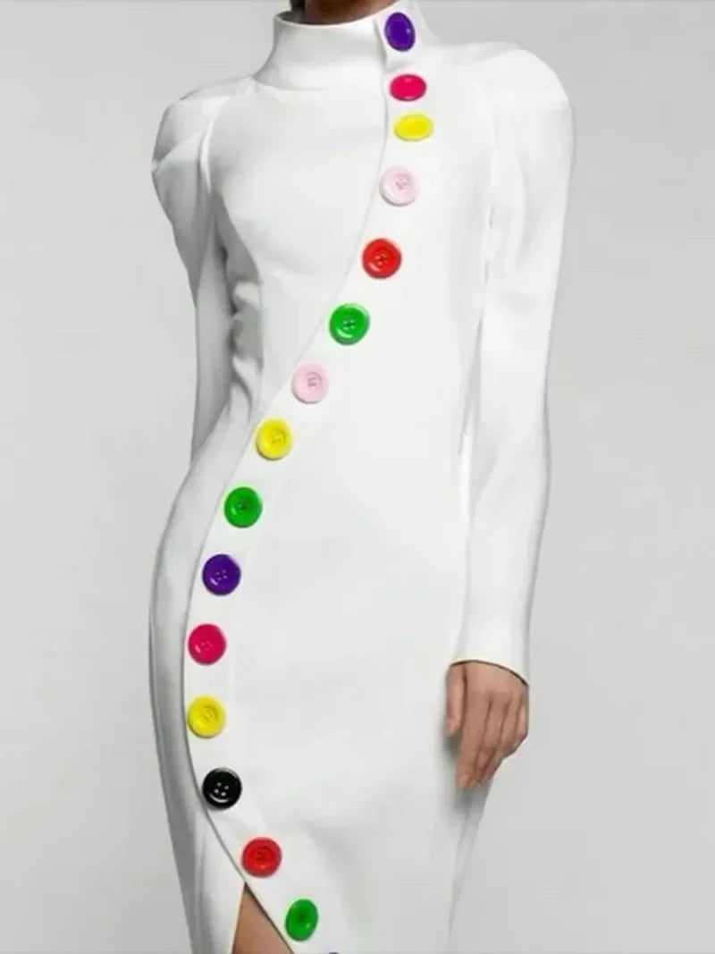 Beautyblue Elegant Woman Ceremony Dress Midi Dresses Fashion Buttoned Contrast Color Long Sleeves High Neck White Winter Dress