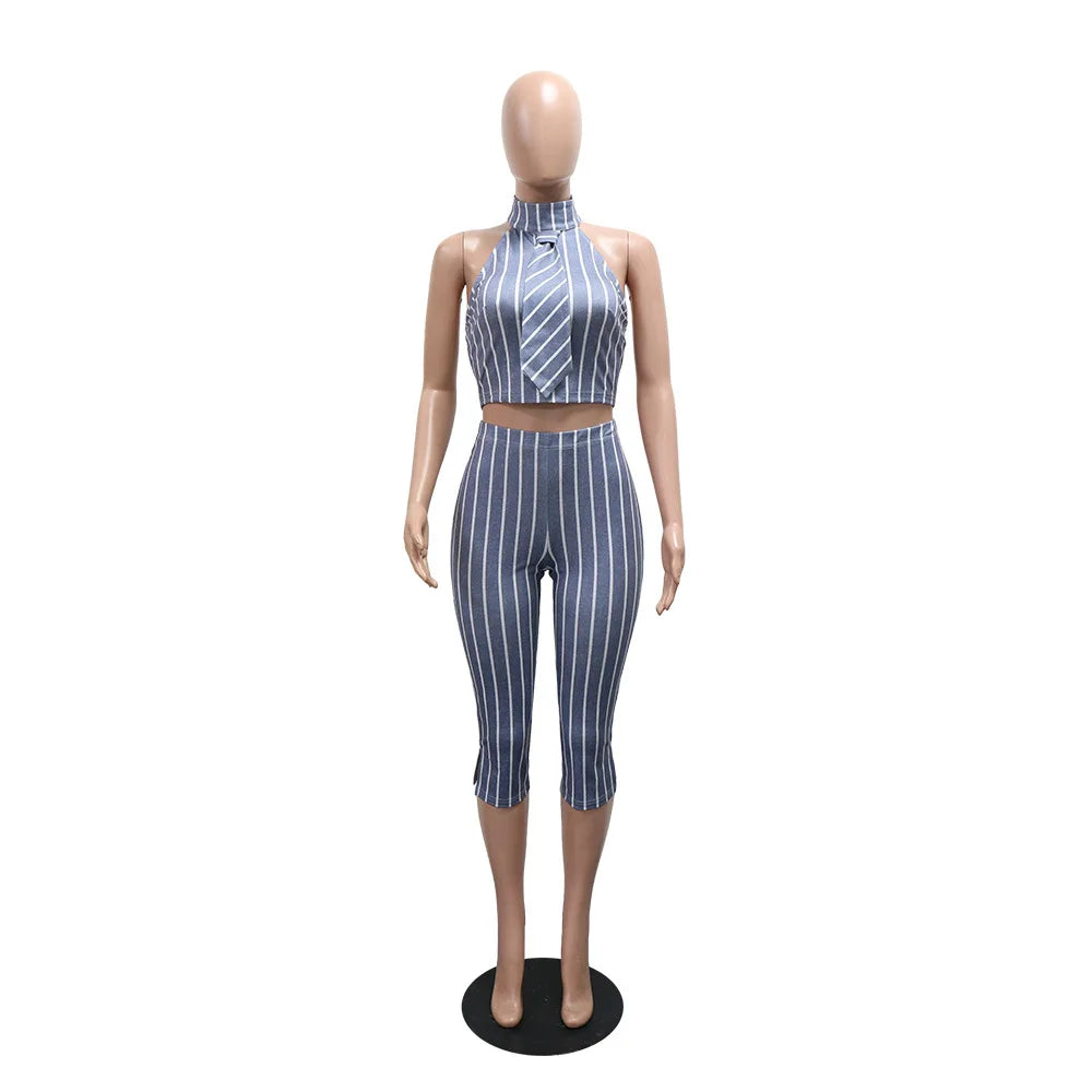CM.YAYA Striped Printed Women's Set Sleeveless Necktie Tops and Leggings Pants 2025 Sexy Party Two 2 Piece Sets Outfit Tracksuit