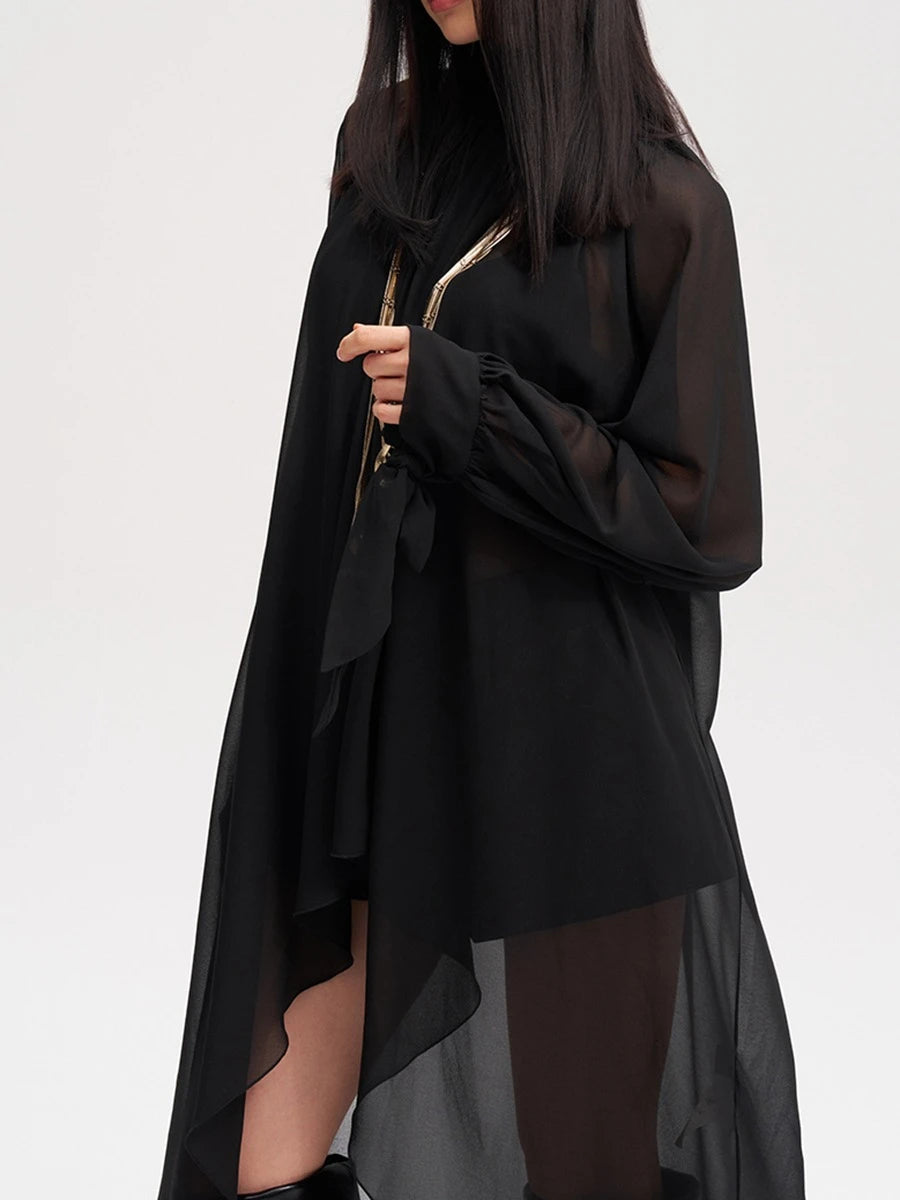 TWOTWINSTYLE Solid Loose Sheer Spliced Folds Fashion Blouses for Women High Neck Long Sleeves Irregular Blouse Female Clothing