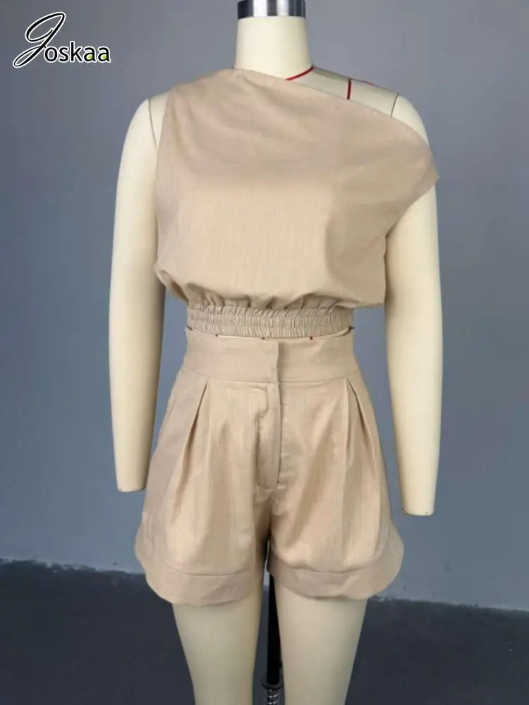 Joskaa Casual 2 Piece Sets Women Off Shoulder Sleeveless Shirt Tops and High Waist Wide Leg Shorts Matching 2025 Streetwear