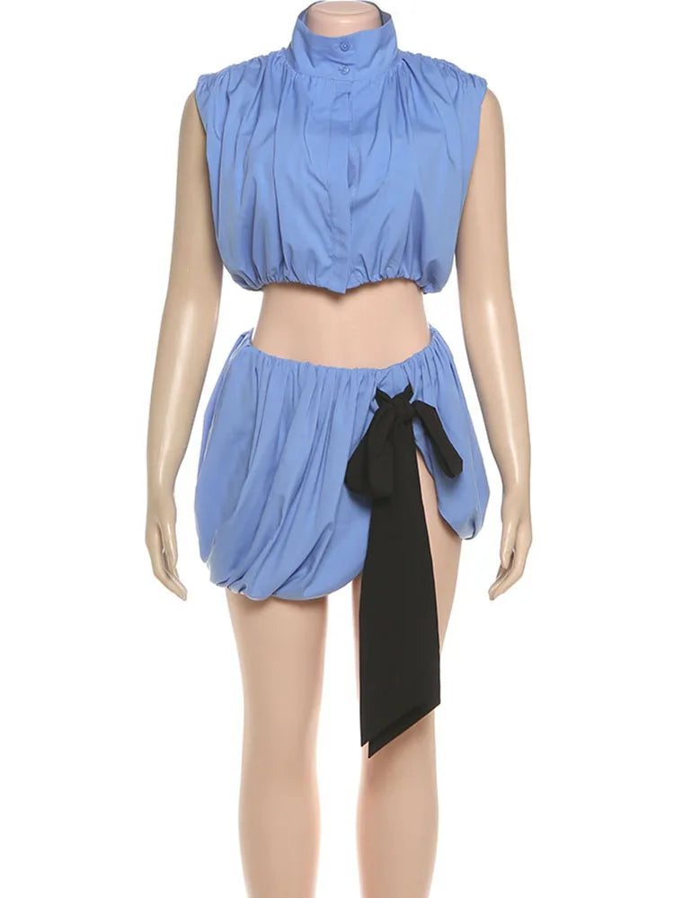 kliou Shirring Hipster Women 2 Piece Set Summer Hotsweet Turleneck Sleeveless Crop Tank+Bows Splice Hip Skirts Female Partywear