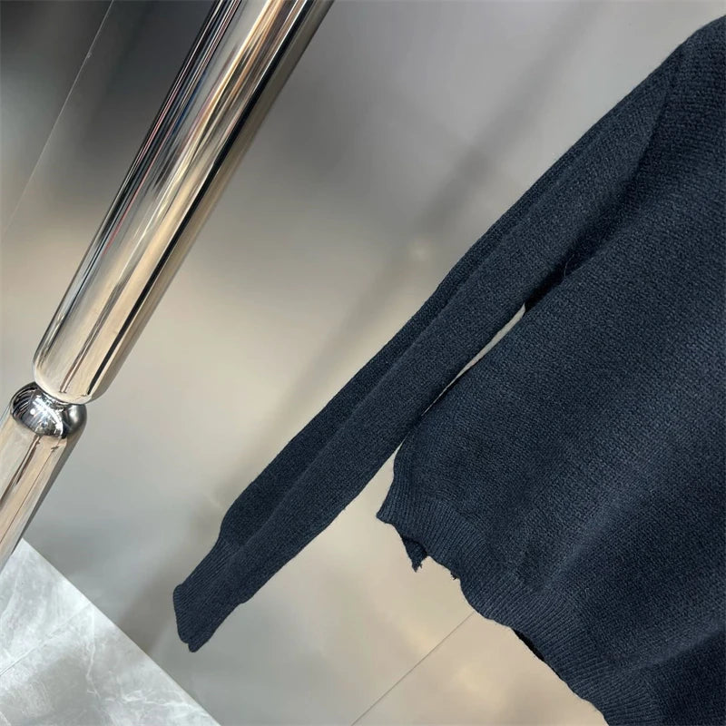 Women Black Gothic O-Neck Pullover Hollow Out Knit Sweater Harajuku Y2k Long Sleeves Sweater Vintage 90s 2000s Aesthetic Clothes