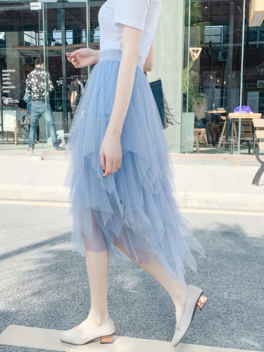 Women Tutu Tulle Skirt Elegant High Waist Mesh Tiered Layered Half Skirt Female Prom Party Midi Skirt for Summer Fairycore Y2K