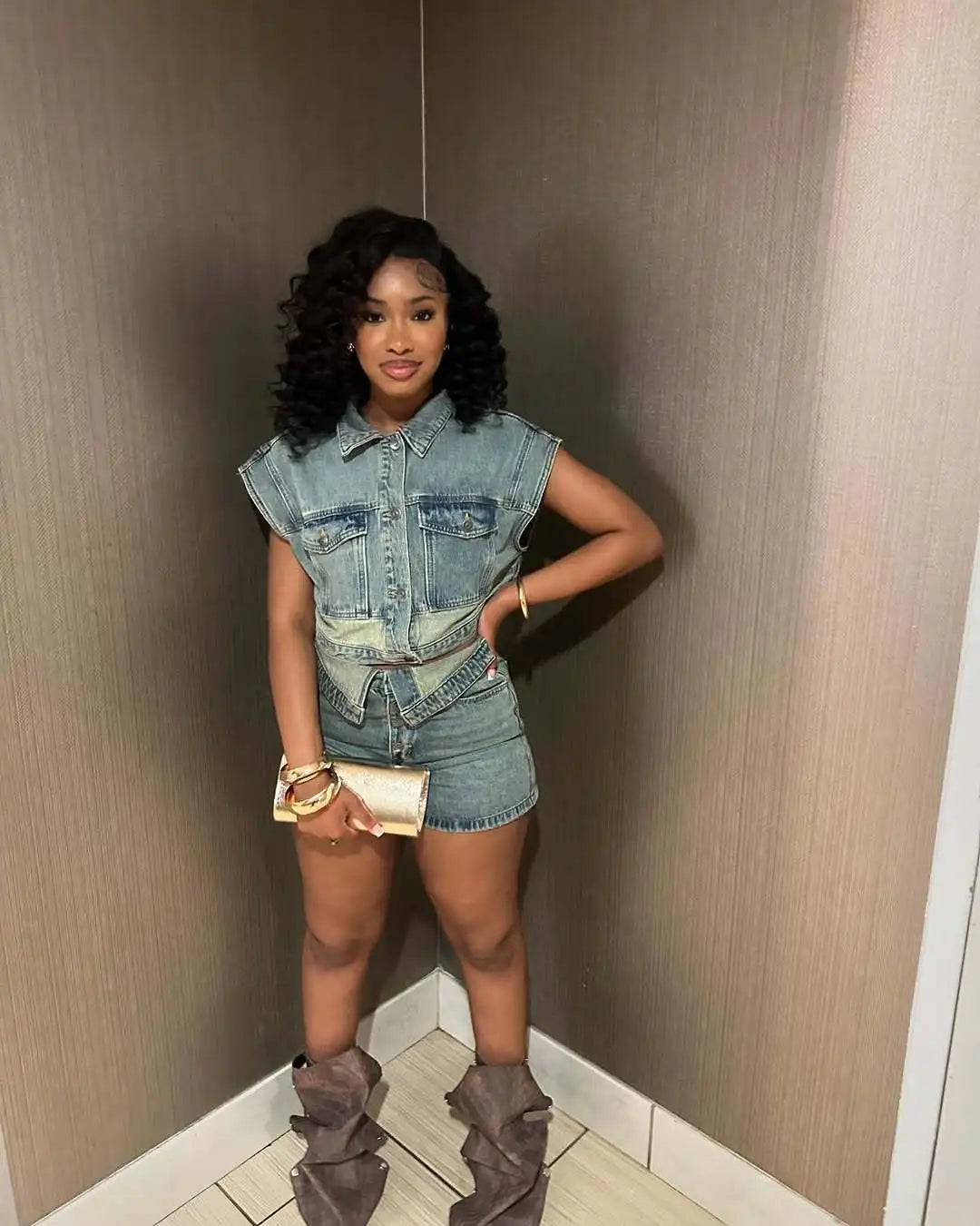 Joskaa Patchwork Stretch Denim 2 Piece Sets Women Lapel Button Pocket Tank Tops and Irregular Shorts Matching 2025 Streetwear