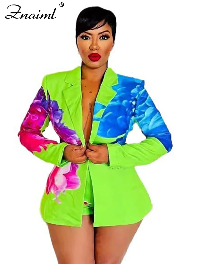 Znaiml Elegant Office Lady Blazer Single Button Jacket Coat and Shorts Two 2 Piece set Women Trendy Classic Print Matching Suits