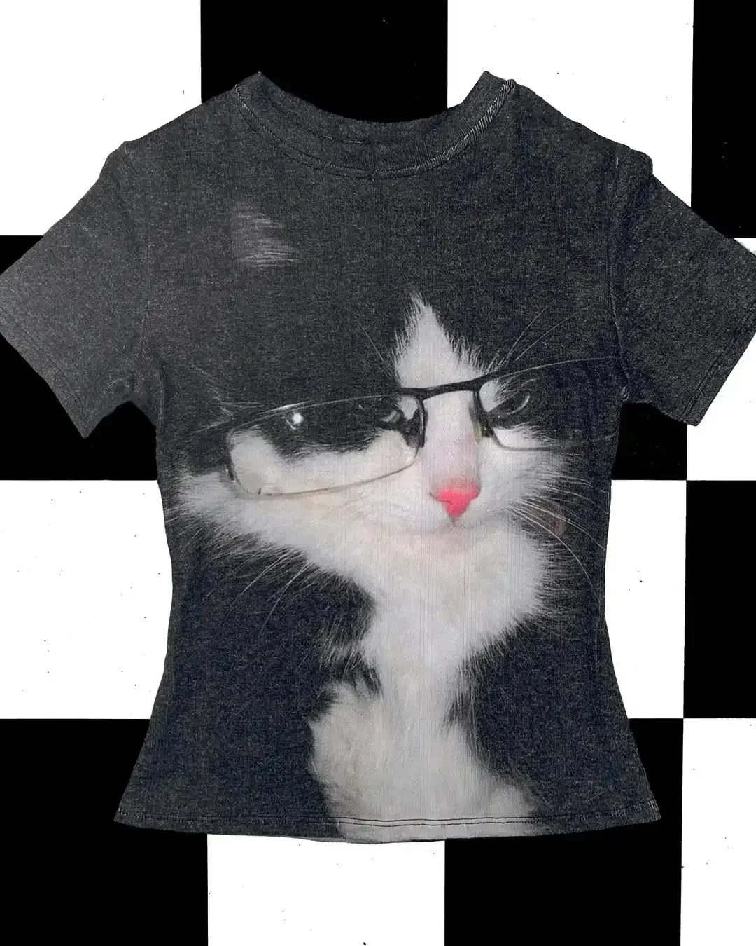 Y2K Glasses Wearing Kitten Pattern Printed Slim Fit Women's T-shirt Retro Pure Cotton Exquisite Fashion Casual Top Kawaii