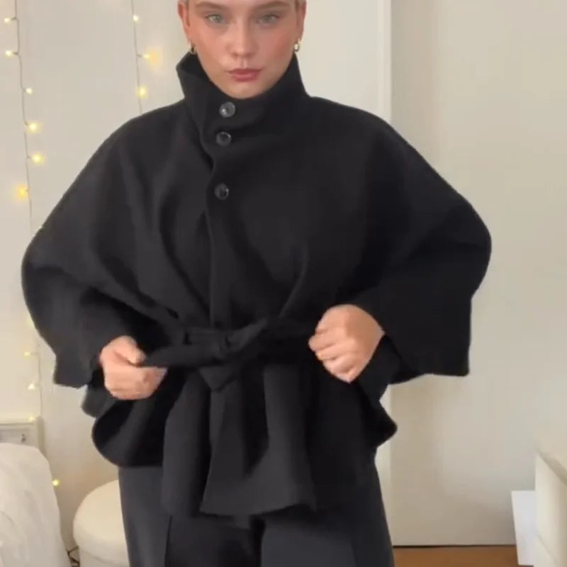 Womens Short Cape Coats For Women Belt Faux Wool Blends Coats Autumn Winter Solid Coats Elegant Cloak Jacket Ladies 2025