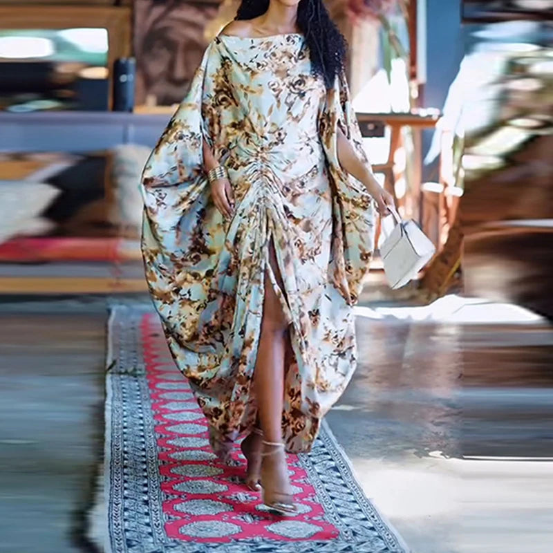 Fashion Asymmetrical Batwing Sleeve Women's Dress Summer Casual Loose Drawstring Long Dress Retro Floral Print Muslim Robe Dress