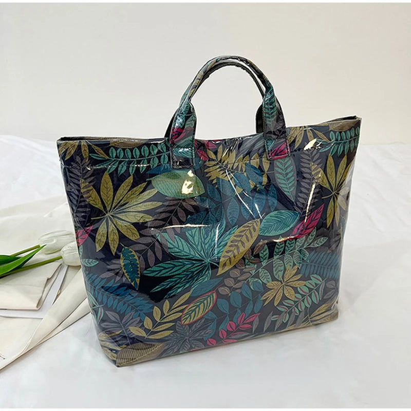 Leaf Print Handbag Pvc Fashion Transparent Waterproof Fashion High-end Shoulder Bag Large Capacity Commuter Tote Bag Shop Bag