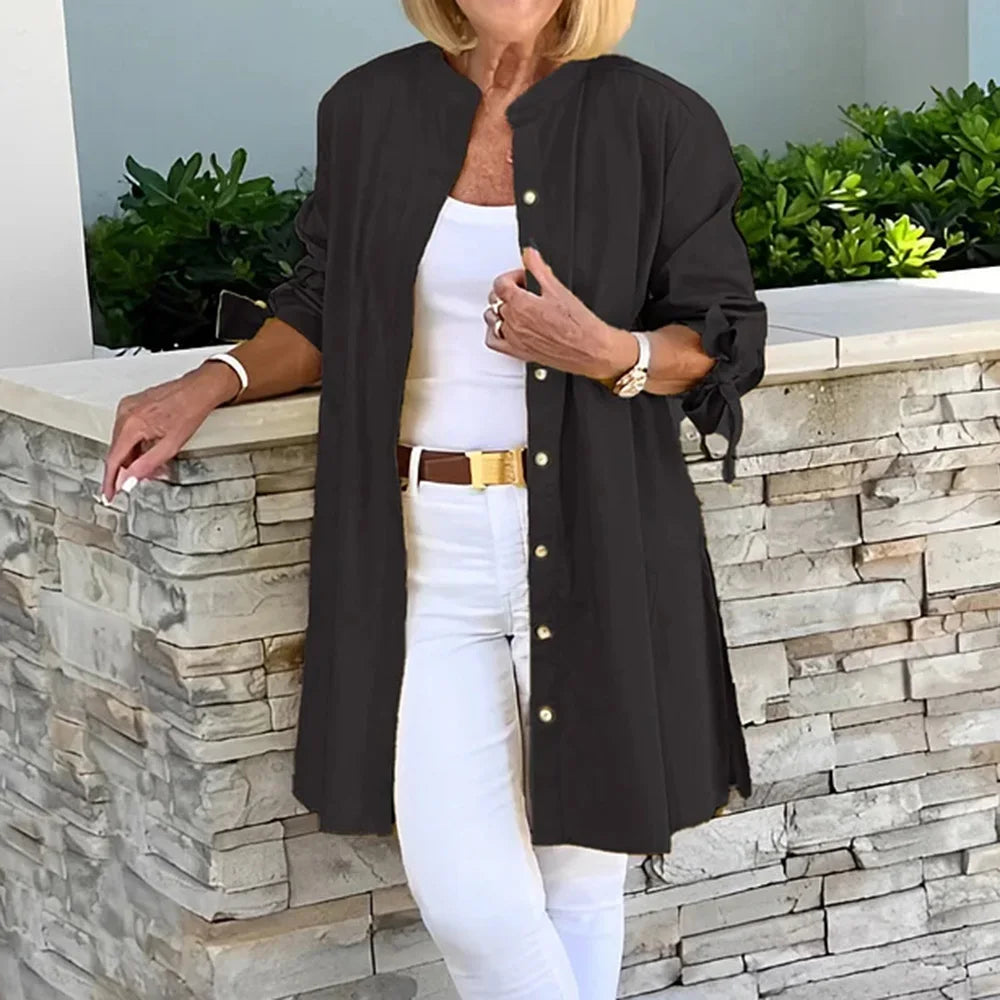 Women's Solid Long Sleeve Stand Collar Shirts Blouse Spring Autumn Ladies Single Breasted Casual OL Office Tops Size S-3XL