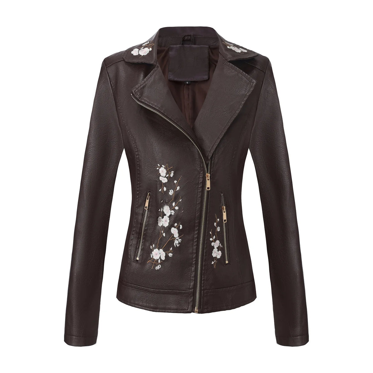 Embroidered Faux Leather Motorcycle Jacket for Women