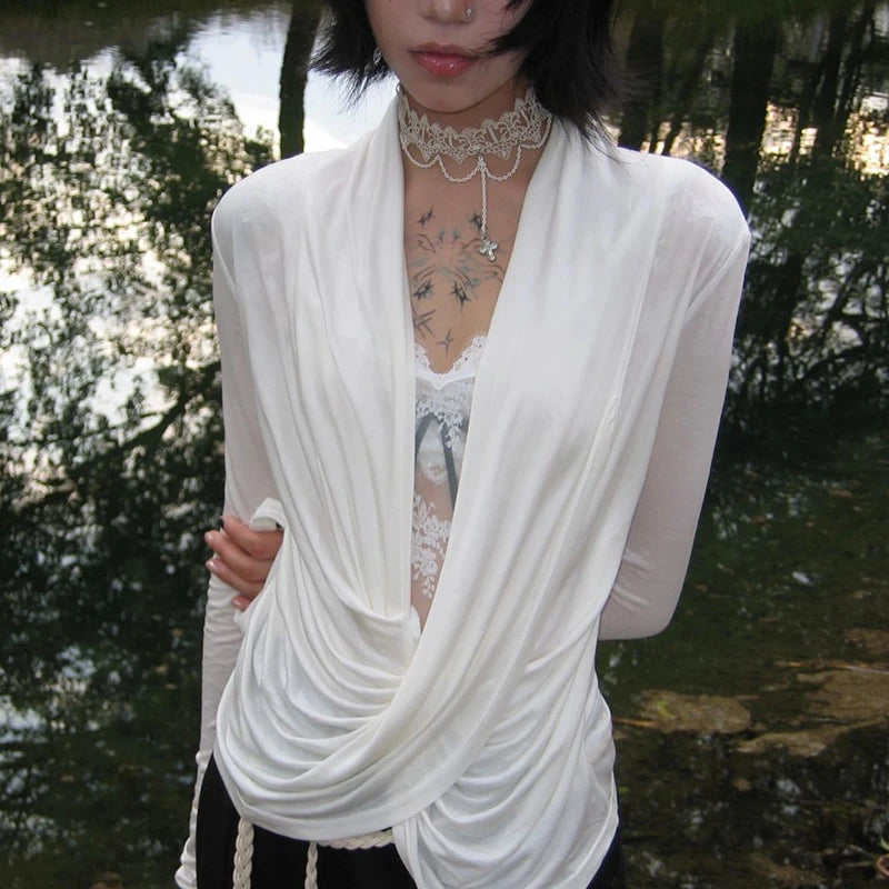 Karrram Japanese Y2k Cross Tops Trashy 2000s Style V-neck Long Sleeve T-shirt Vintage Harajuku White Irregular Tops American 90s