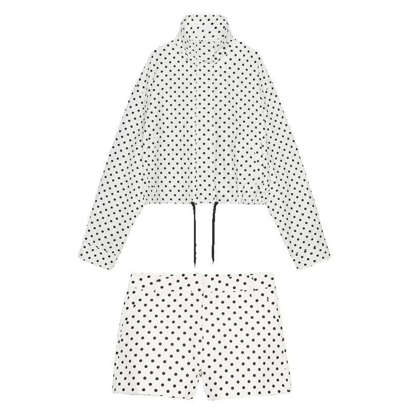 Loose Polka Dot Zipper Women's Shorts Set Stand Collar Patchwork Full Sleeve Pockets Jacket Tie Up Short Pant Suit Summer Outfit