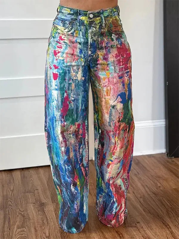 Summer Graffiti Colorful Painting Print Loose Casual Shorts Women High Waist Button Pockets Straight Short Trousers Streetwear