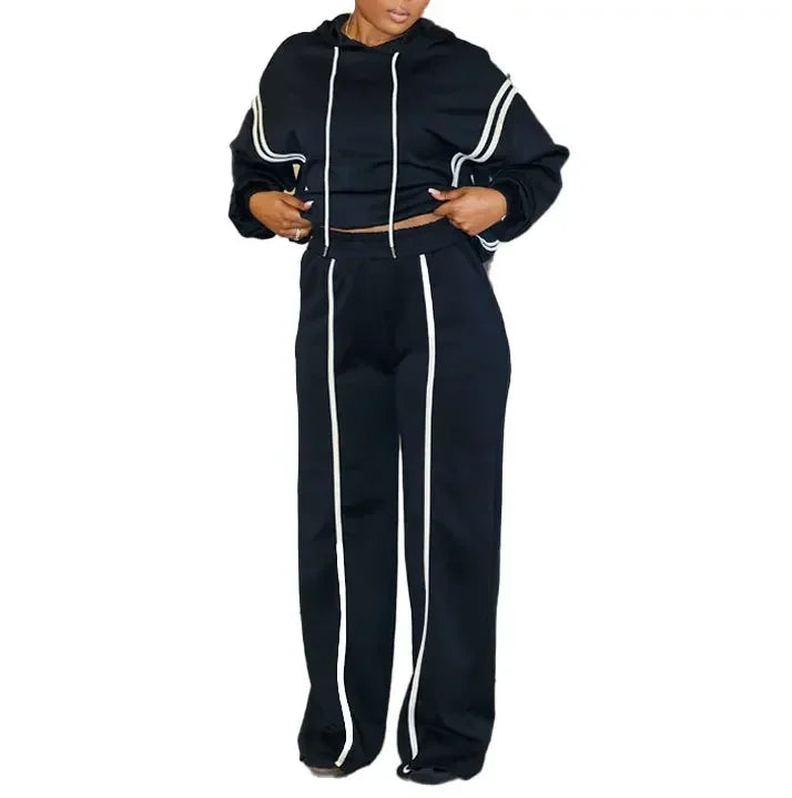 CM.YAYA Fashion Striped Splicing Women's Set Long Sleeve Hooded Sweatshirt and Sweat Pants Tracksuit 2024 Two 2 Piece Set Outfit