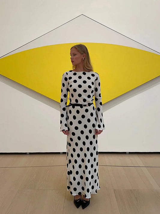 Black Dots Dress Long Sleeve  Art Modern Maxi Dress Long Sleeve High Neck Street Wear Print Bohemia Long Robe Gift 2025