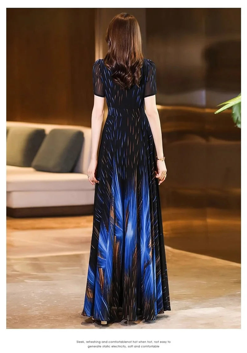Pendant Sense Dress for Women Summer 2024 New Fashion High end, Elegant Slim and Waist Up V-neck Chiffon Dress Long Dress 4XL