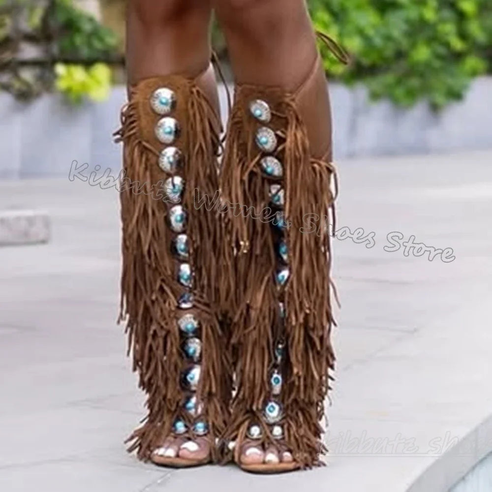 Suede Tassels Sandals Knee High Boots Crystal Glossy Solid Color Cross Strap Fashion Luxury Elegant Concise Women Shoes Newest
