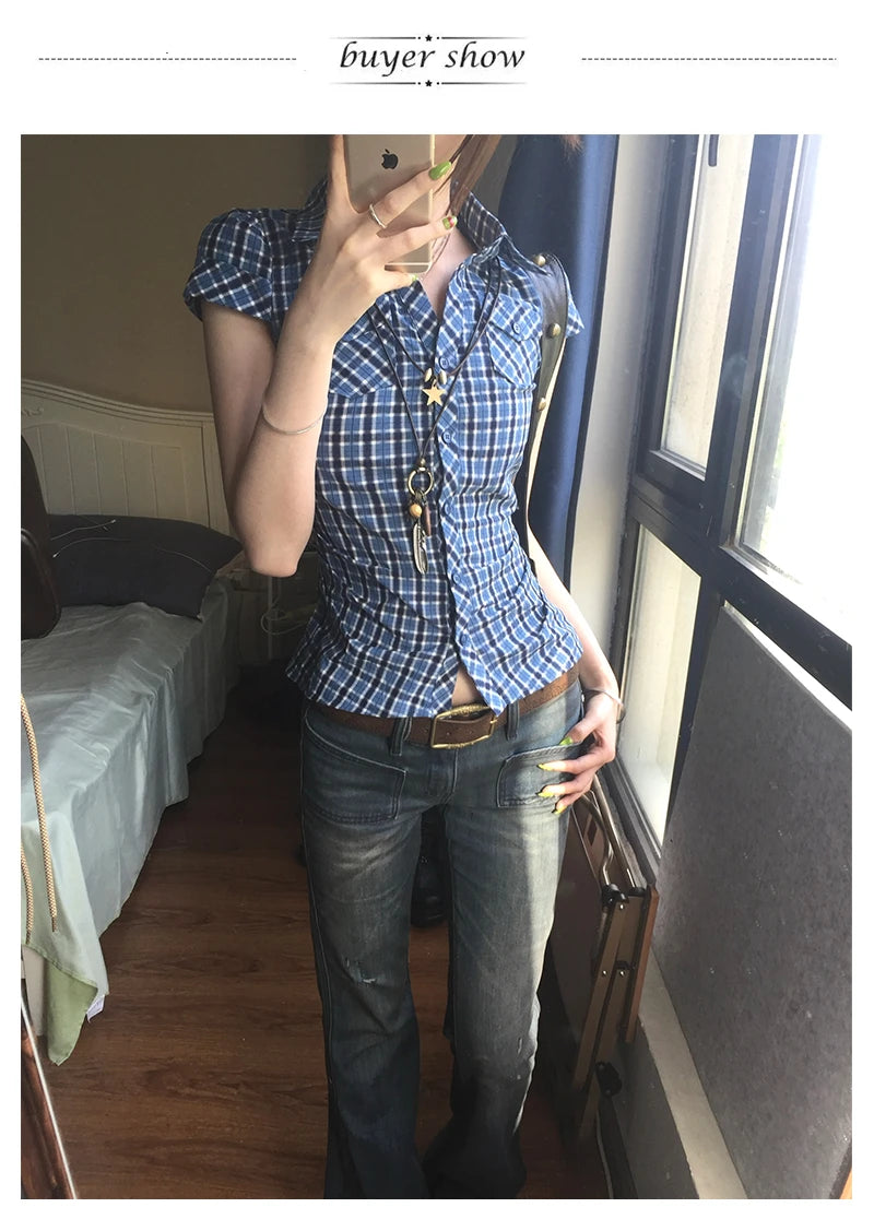 Karrram Japanese Y2k Plaid Shirt Vintage Harajuku V-neck Blouses Korean Fashion Women Short Sleeve Shirts 2000s American Retro
