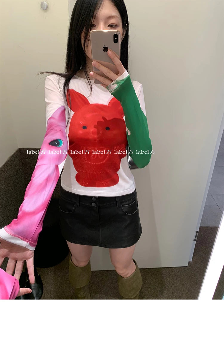 Karrram Y2k Aesthetics Mesh Tops Japanese Harajuku Cartoon Print T-shirt 2000s Vintage Cute T Shirt Korean Style Dopamine Tops