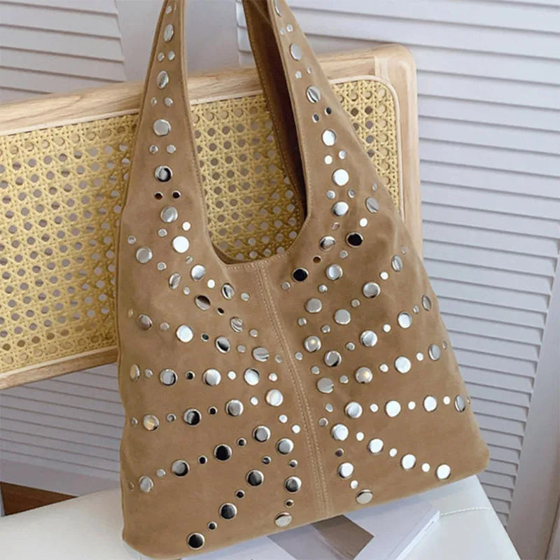 Polka Dot Rivet Tote Bag Women's Fashion Trend Texture Shoulder Bag High-end Luxury Suede Bucket Bag Commuter Female Handbag