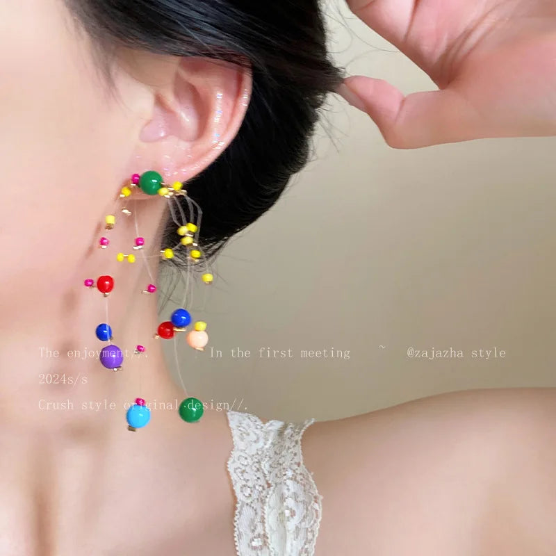 Girl's Long Colorful Beaded Earrings