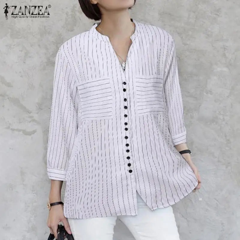 ZANZEA Fashion Stripe Printed Shirt Summer 3/4 Sleeve V-Neck Blouse Female Casual Blusas Mujer Woman Elegant Loose Korean Tops