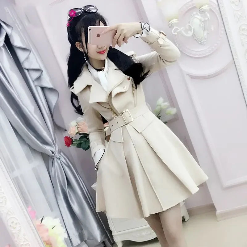 2025 Spring and Autumn Women's Windbreaker Beige British Trench Coat Mid Length Long Sleeved Fashionable Clothing