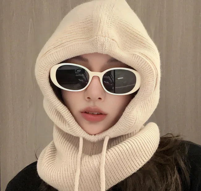 New Winter Trendy Balaclava Hat Windproof Scarf Knitted Hat For Women Cute Warm Ear Protection Hat