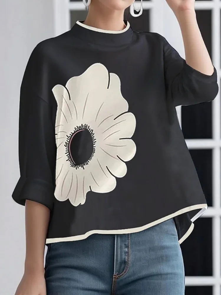 Gymystars Women's Flower Printed Clothes T-Shirts 2025 Mock Neck T-Shirts Summer Black Casual Autumn y2k Tops For Women 2XL