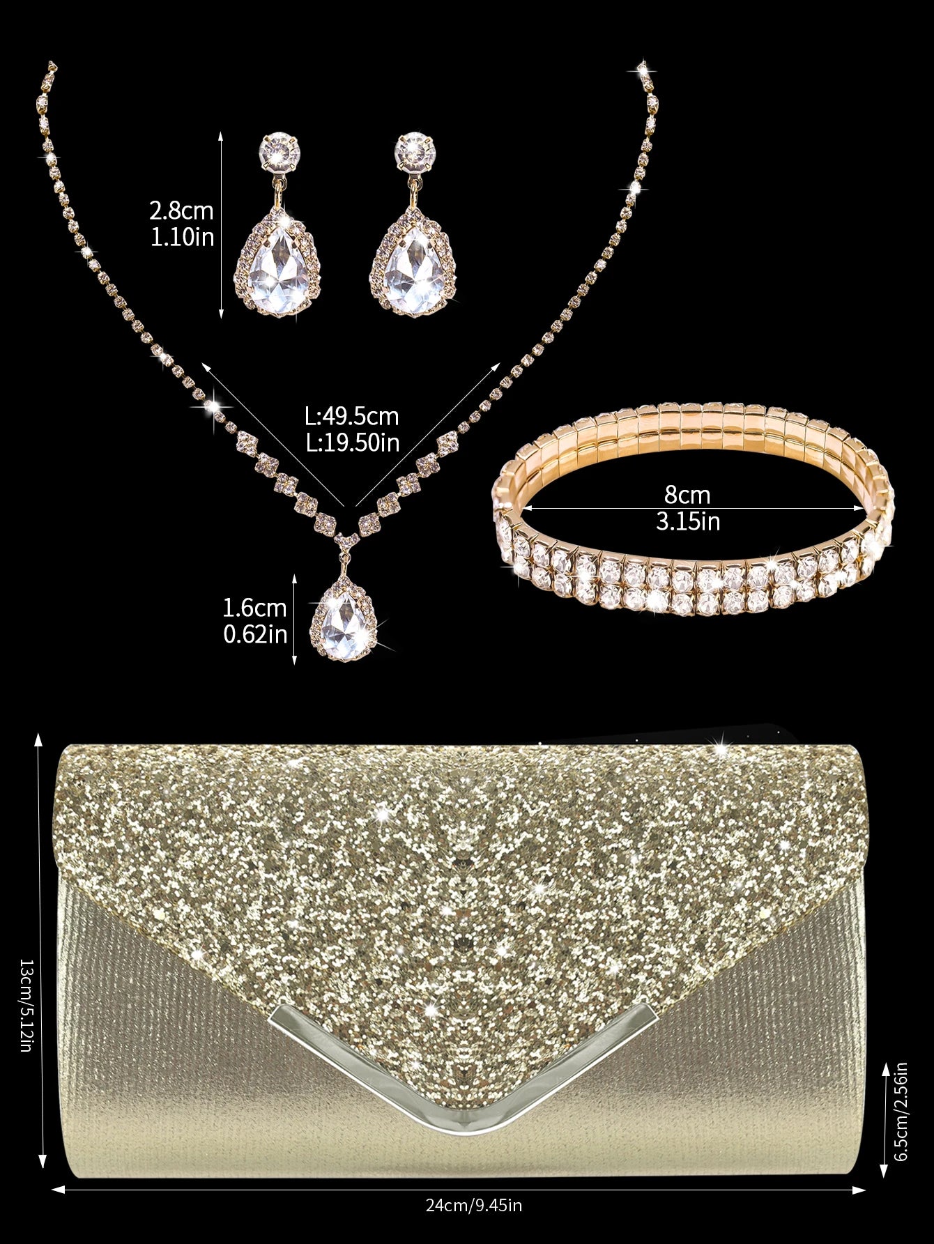 Sparkling and luxurious sequined evening clutch for women, paired with a gorgeous rhinestone necklace, earrings and bracelet set