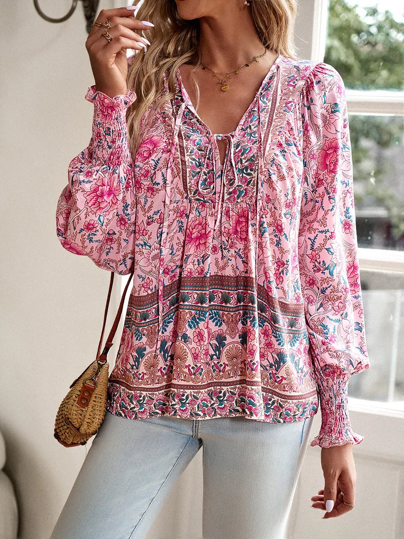 2025 Spring Summer Printed Shirt Women Elegant Chiffon V-neck Long-sleeve Top