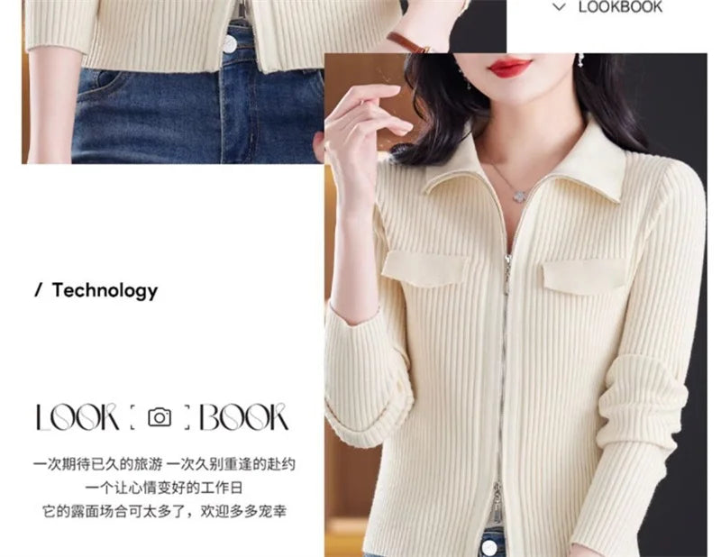Fashion Zipper Short Knitted Cardigan Sweater 2025 Spring Autumn New Korean Versatile Coat Top Turn-Down Col Sweater Solid Color
