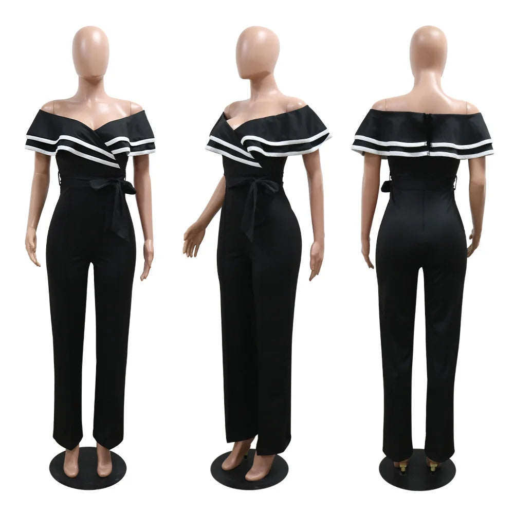 CM.YAYA Women V-neck Off Shoulder Ruffles Wide Leg Jumpsuits 2024 Summer Fashion Sexy Party Playsuit One Piece Suit Rompers