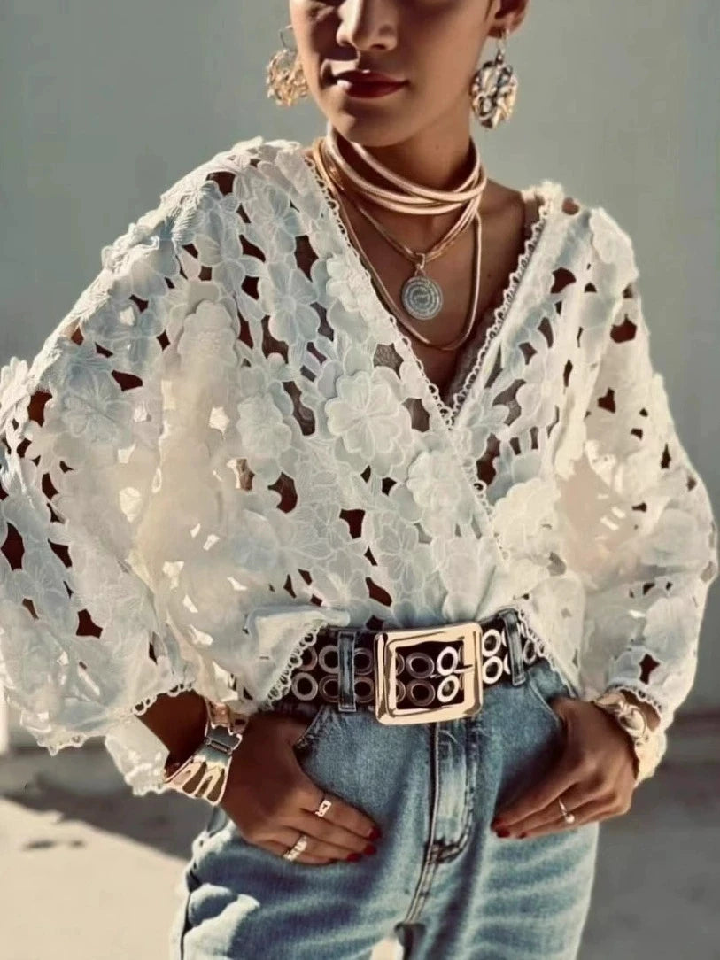 Summer Hollow Out Lace Loose Blouse Women V Neck Lace Flowers Single Breasted Long Sleeve Crop Tops Streetwear Fashion Shirts