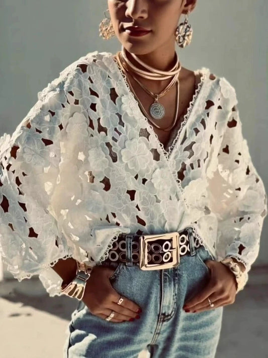 Summer Hollow Out Lace Loose Blouse Women V Neck Lace Flowers Single Breasted Long Sleeve Crop Tops Streetwear Fashion Shirts