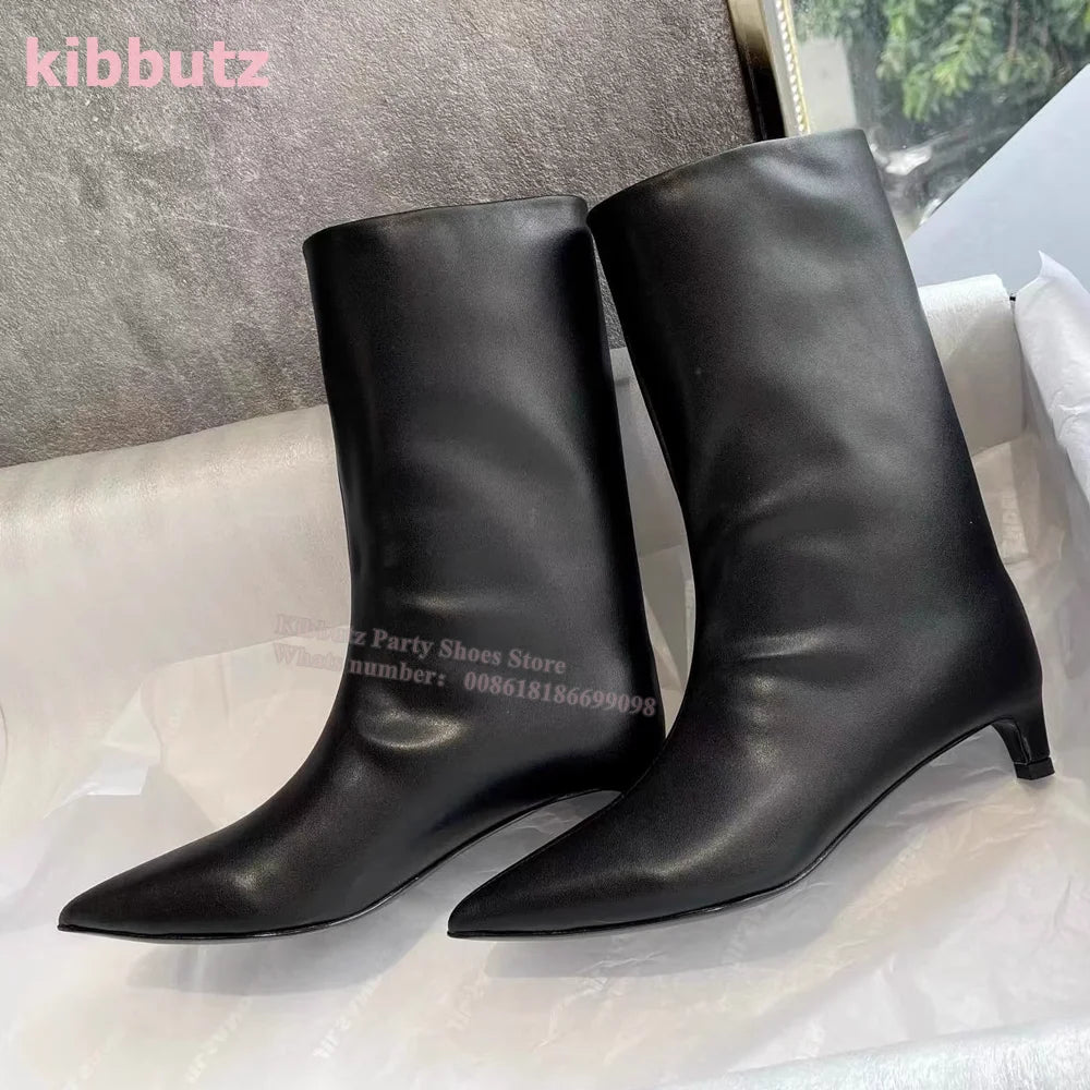 Novelty Leather Mid Calf Boots Chelsea Pointed Toe Kitten Heel Wide Mouth Sleeve Slip-On Solid Color Fashion Sexy Elegant Women