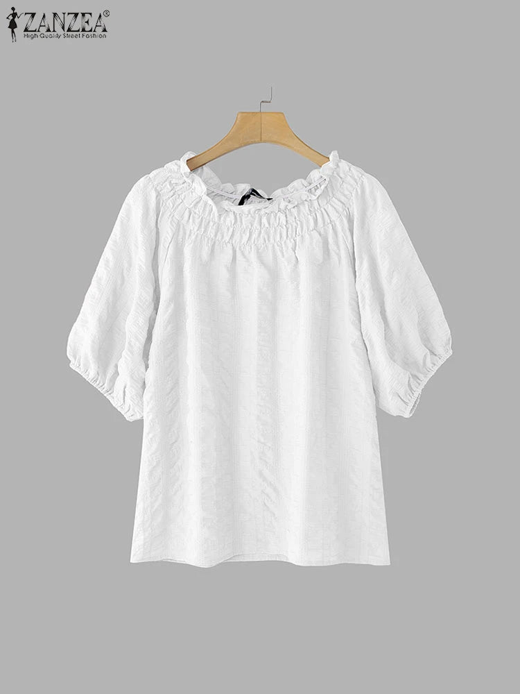 ZANZEA Women Blouse Summer Tops Solid Color Puff Sleeve2025 O Neck Tunic Female Shirts Loose Casual OL Work Blusas Oversized