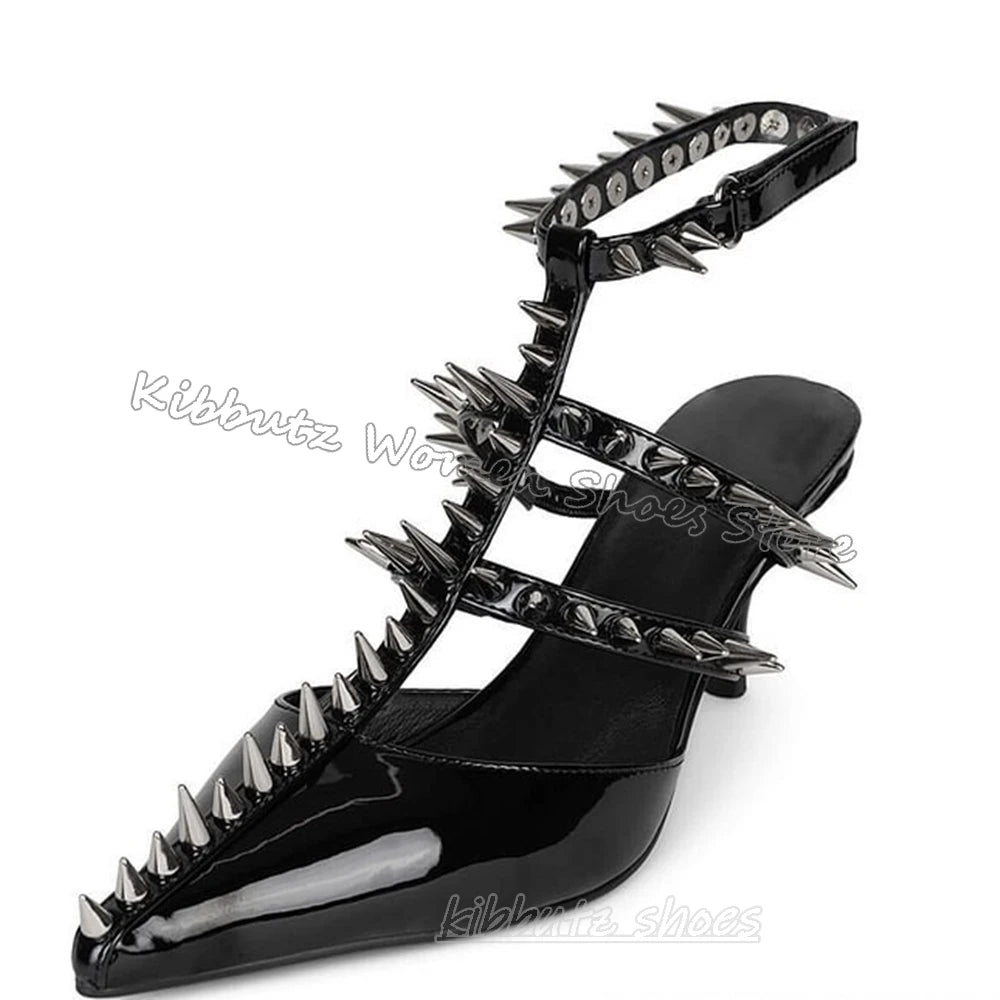 Rivets Pumps Women Shoes Gothic Rock Punk Pointed Toe Thin Heels Buckle Strap Fashion Novelty Sexy Elegant Leather Solid Color