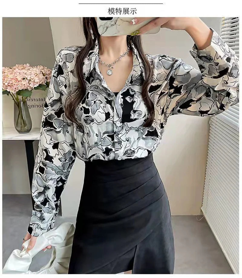 Shirt Women's Design Sense Niche Long-Sleeved Blousers 2025 Spring And Autumn Korean Retro Buttton Chiffon Shirt Top Printed 102