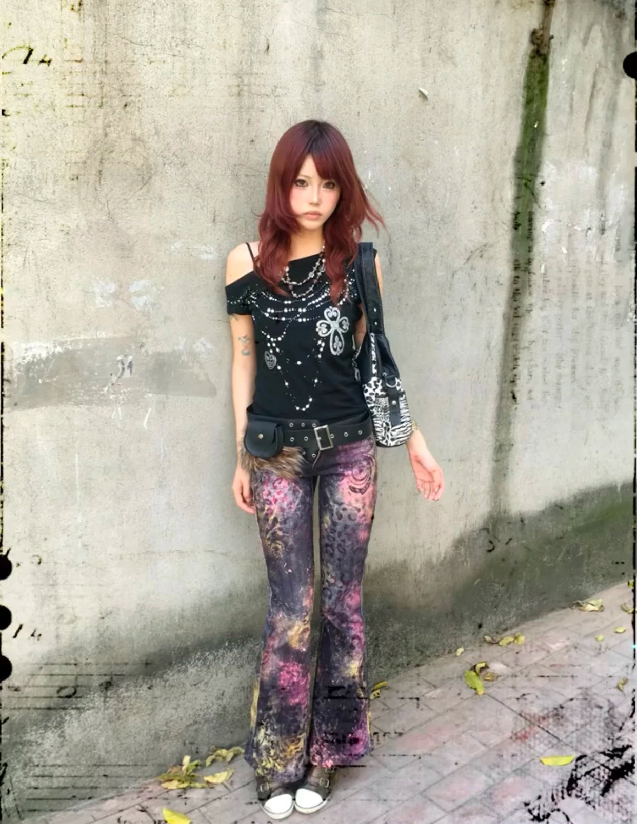 Karrram Japanese Y2k Off Shoulder T-shirt Grunge Aesthetics Rhinestones Print T Shirt Trashy 2000s Style Tops Vintage Harajuku