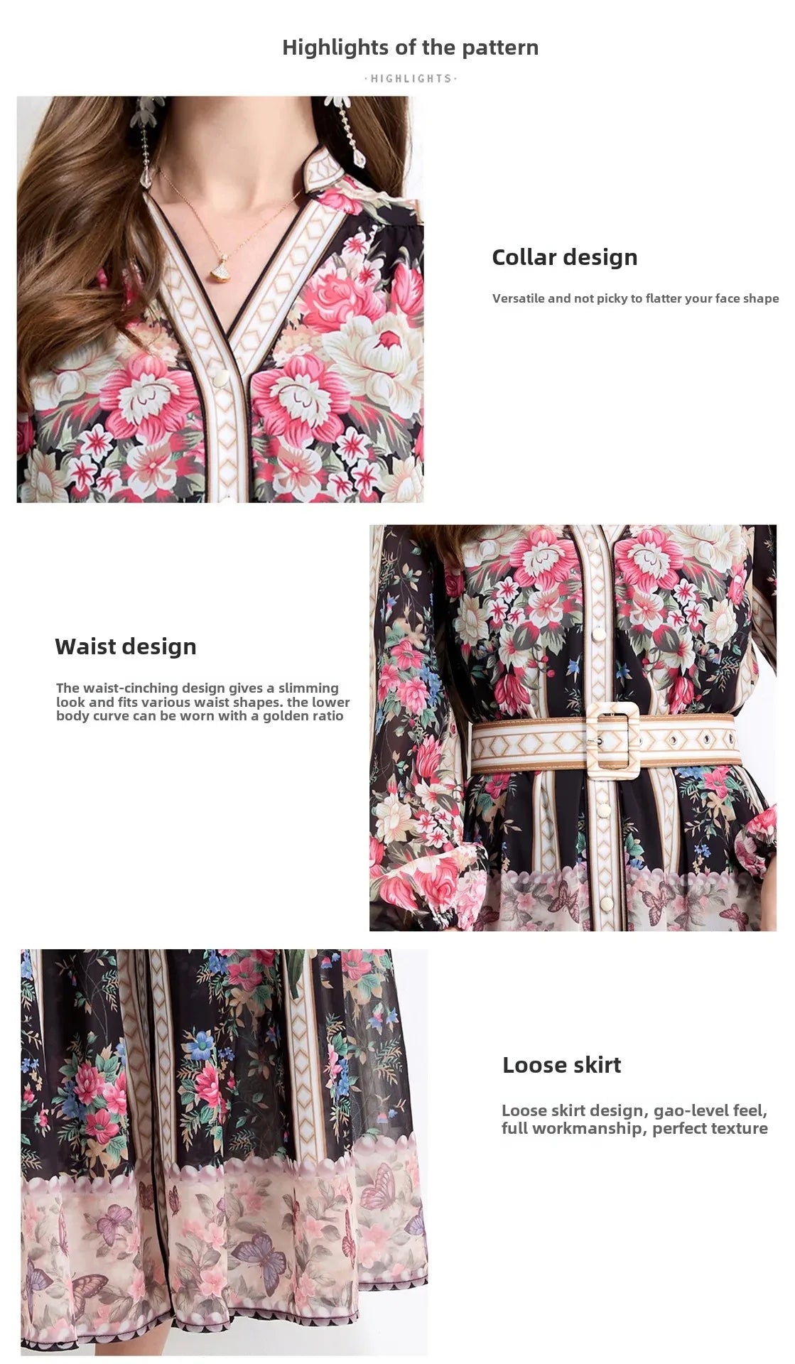 Elegant French Vintage Dress Women's High Waist Belted Print Court Style Long Dress Classy Sensation Skirt Fashionable Gown